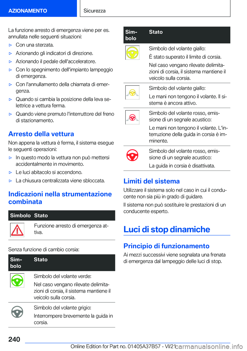BMW M8 2022  Libretti Di Uso E manutenzione (in Italian) �L�a��f�u�n�z�i�o�n�e��a�r�r�e�s�t�o��d�i��e�m�e�r�g�e�n�z�a��v�i�e�n�e��p�e�r��e�s�.
�a�n�n�u�l�l�a�t�a��n�e�l�l�e��s�e�g�u�e�n�t�i��s�i�t�u�a�z�i�o�n�i�:'x�C�o�n��u�n�a��s�t�e�r�z�a�
