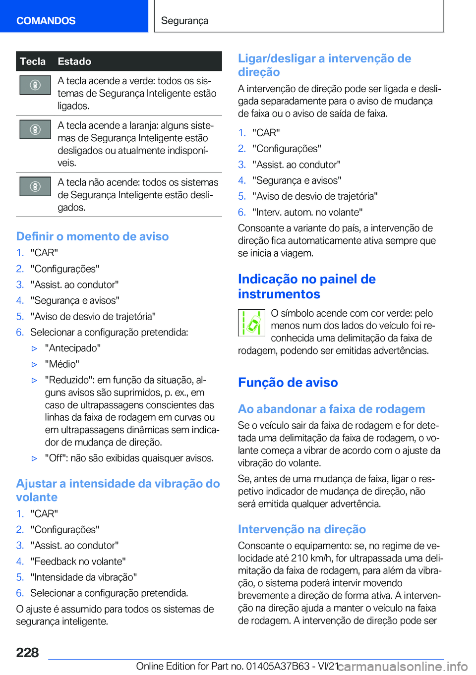 BMW M8 2022  Manual do condutor (in Portuguese) �T�e�c�l�a�E�s�t�a�d�o�A��t�e�c�l�a��a�c�e�n�d�e��a��v�e�r�d�e�:��t�o�d�o�s��o�s��s�i�sª
�t�e�m�a�s��d�e��S�e�g�u�r�a�n�