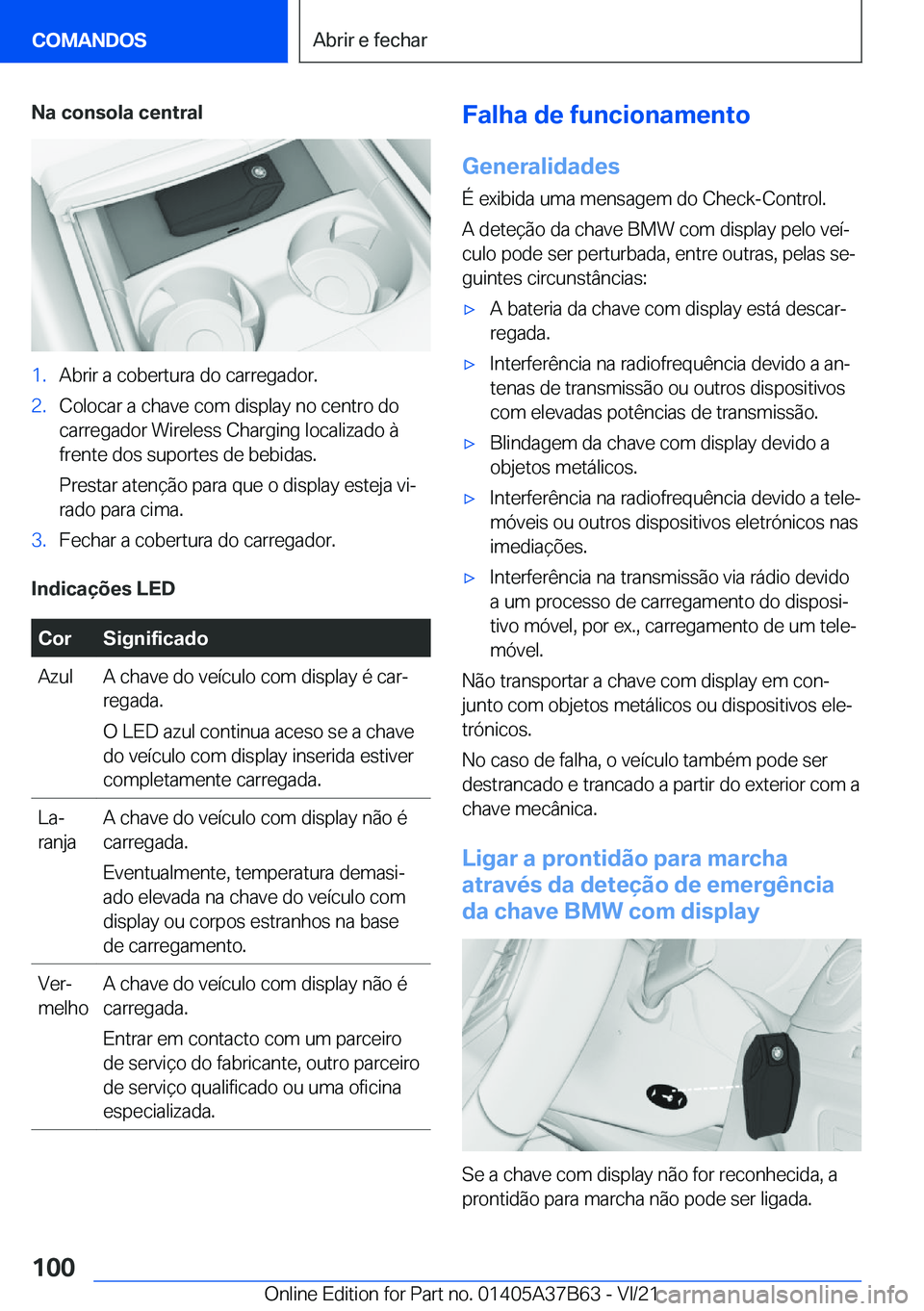 BMW M8 2022  Manual do condutor (in Portuguese) �N�a��c�o�n�s�o�l�a��c�e�n�t�r�a�l�1�.�A�b�r�i�r��a��c�o�b�e�r�t�u�r�a��d�o��c�a�r�r�e�g�a�d�o�r�.�2�.�C�o�l�o�c�a�r��a��c�h�a�v�e��c�o�m��d�i�s�p�l�a�y��n�o��c�e�n�t�r�o��d�o
�c�a�r�r�e�