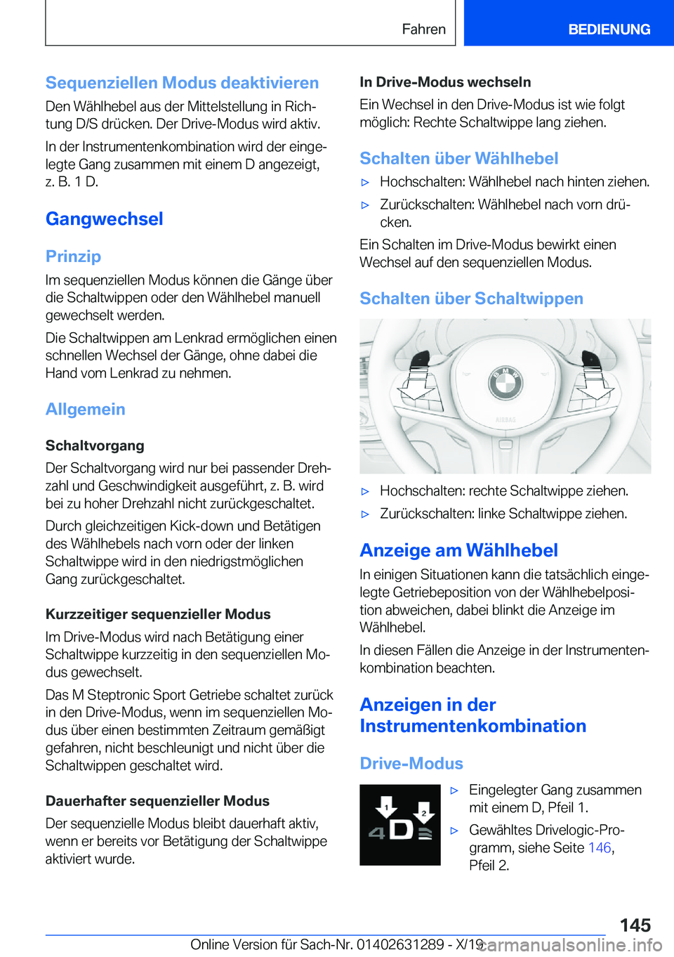 BMW M8 2020  Betriebsanleitungen (in German) �S�e�q�u�e�n�z�i�e�l�l�e�n��M�o�d�u�s��d�e�a�k�t�i�v�i�e�r�e�n�D�e�n��W�