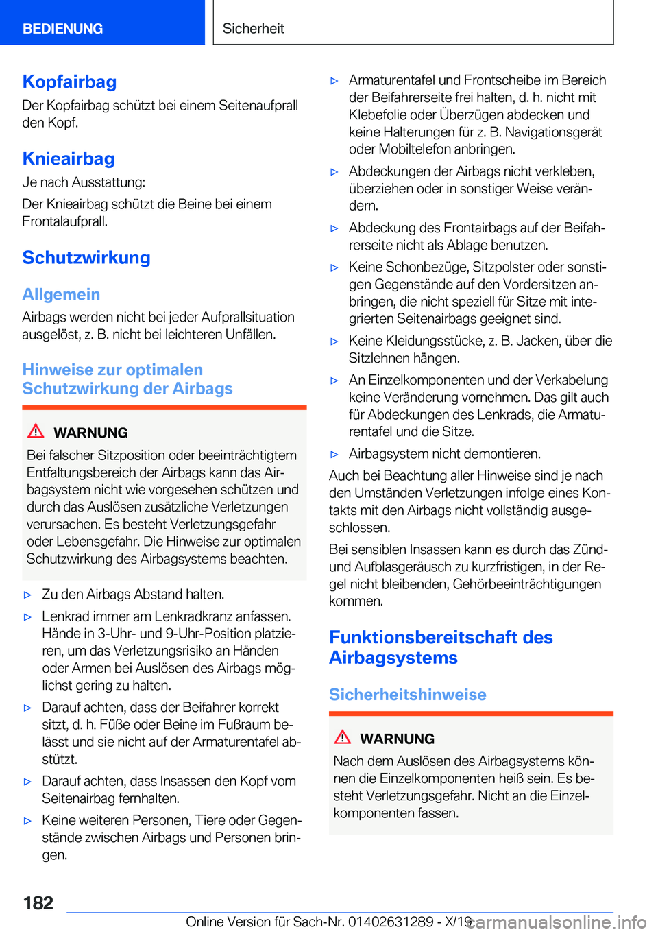 BMW M8 2020  Betriebsanleitungen (in German) �K�o�p�f�a�i�r�b�a�g�D�e�r��K�o�p�f�a�i�r�b�a�g��s�c�h�