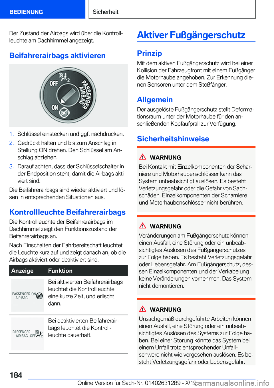 BMW M8 2020  Betriebsanleitungen (in German) �D�e�r��Z�u�s�t�a�n�d��d�e�r��A�i�r�b�a�g�s��w�i�r�d��