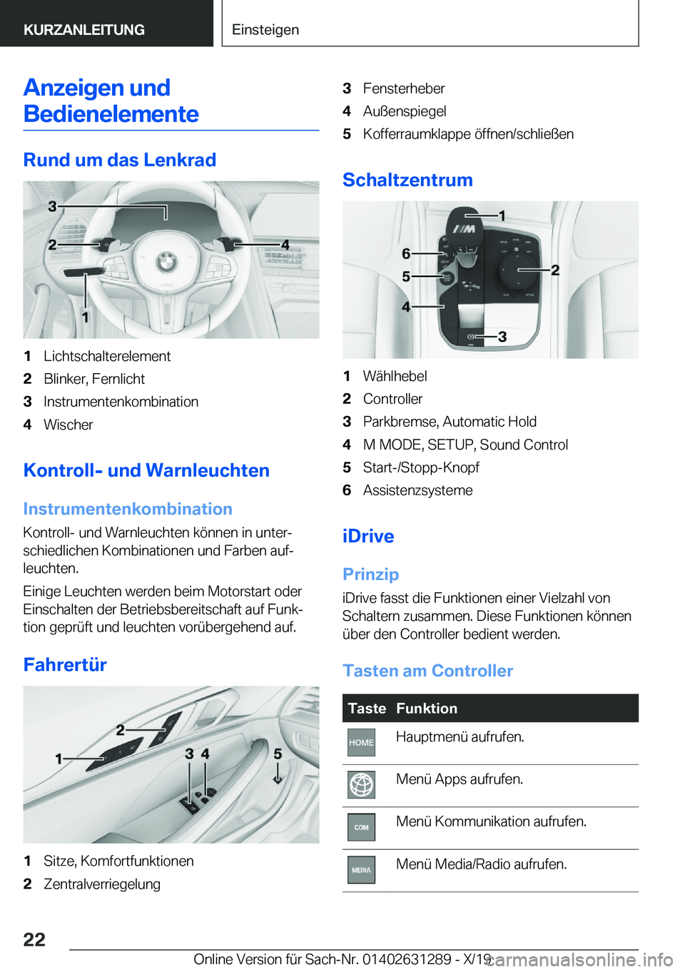 BMW M8 2020  Betriebsanleitungen (in German) �A�n�z�e�i�g�e�n��u�n�d�B�e�d�i�e�n�e�l�e�m�e�n�t�e
�R�u�n�d��u�m��d�a�s��L�e�n�k�r�a�d
�1�L�i�c�h�t�s�c�h�a�l�t�e�r�e�l�e�m�e�n�t�2�B�l�i�n�k�e�r�,��F�e�r�n�l�i�c�h�t�3�I�n�s�t�r�u�m�e�n�t�e�n�k