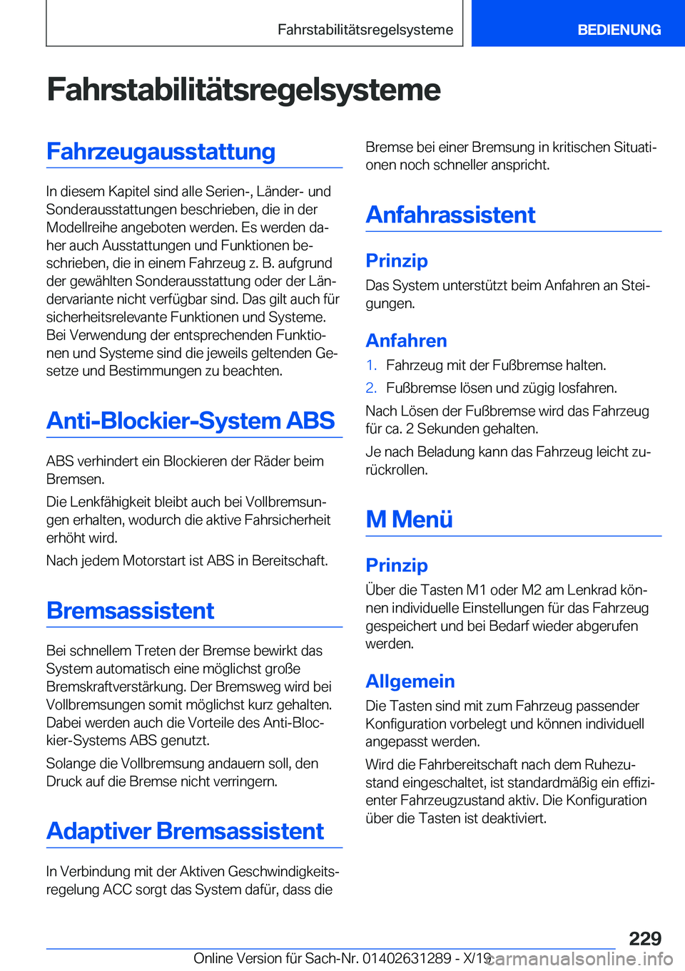 BMW M8 2020  Betriebsanleitungen (in German) �F�a�h�r�s�t�a�b�i�l�i�t�