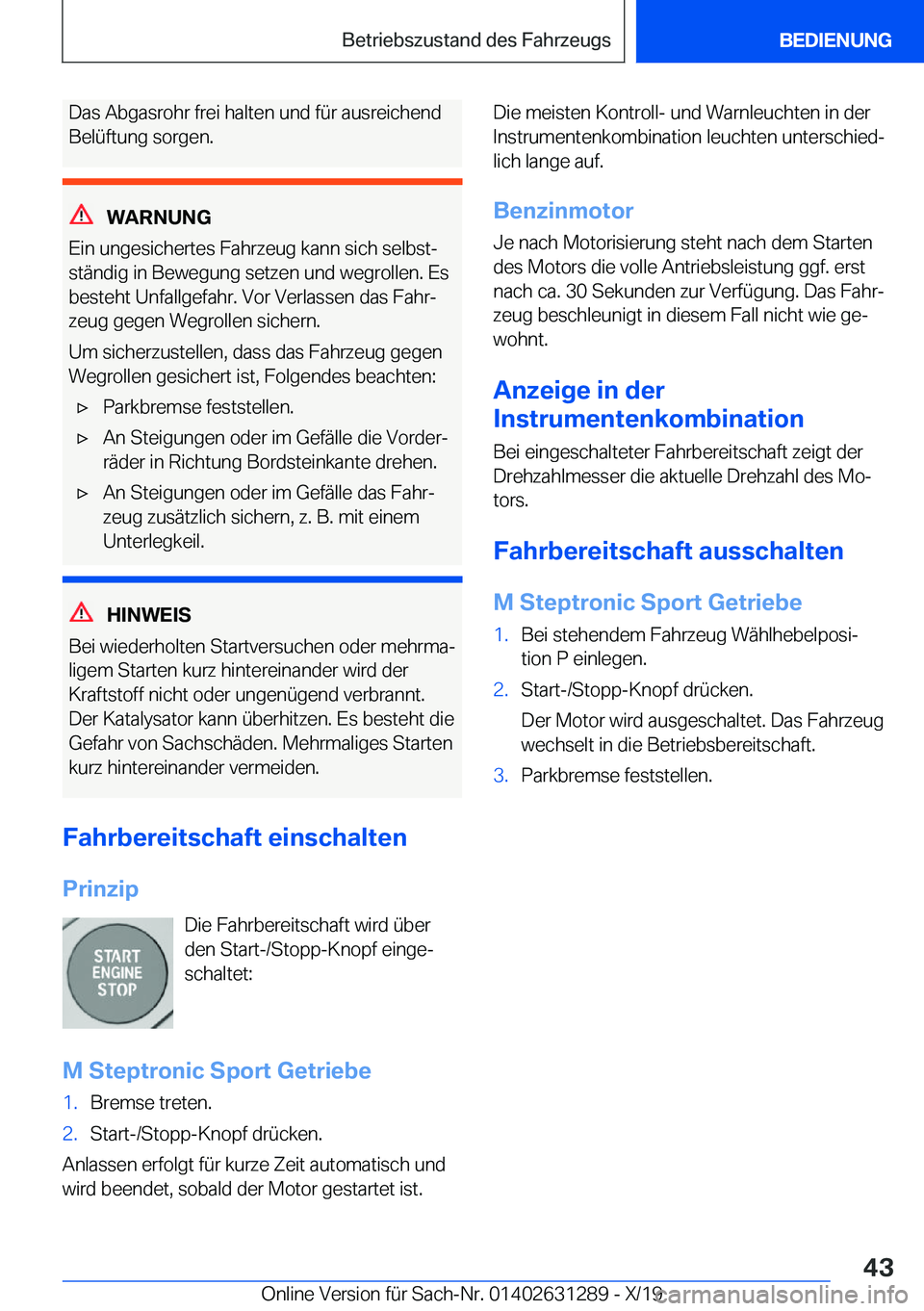 BMW M8 2020  Betriebsanleitungen (in German) �D�a�s��A�b�g�a�s�r�o�h�r��f�r�e�i��h�a�l�t�e�n��u�n�d��f�