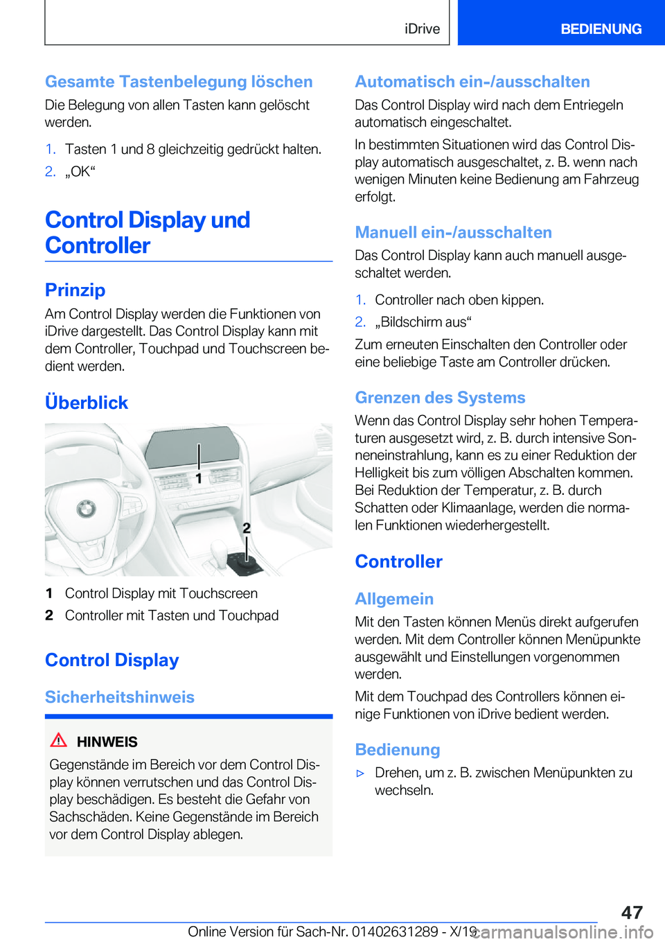BMW M8 2020  Betriebsanleitungen (in German) �G�e�s�a�m�t�e��T�a�s�t�e�n�b�e�l�e�g�u�n�g��l�