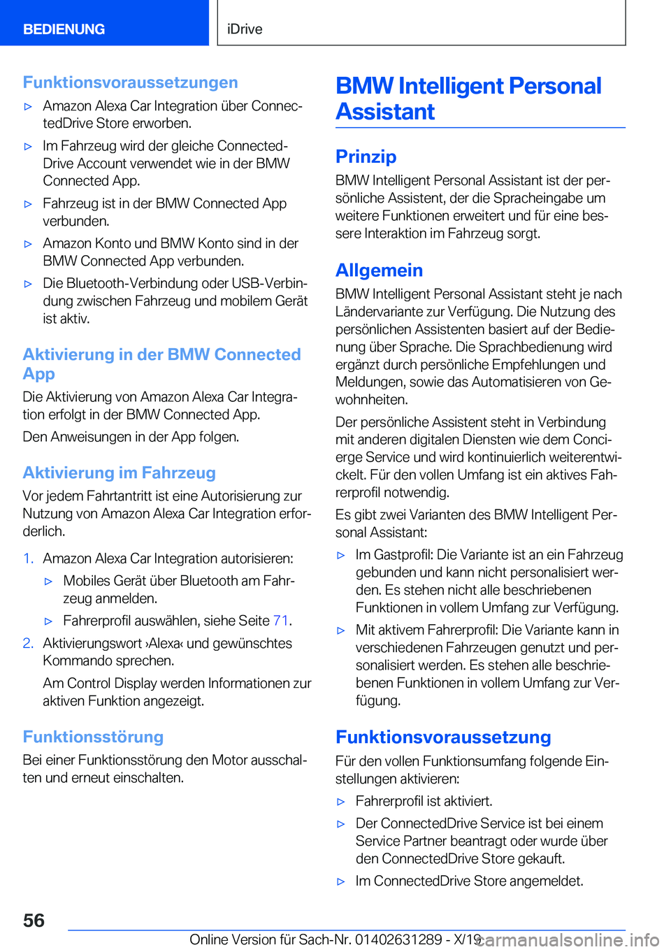 BMW M8 2020  Betriebsanleitungen (in German) �F�u�n�k�t�i�o�n�s�v�o�r�a�u�s�s�e�t�z�u�n�g�e�n'x�A�m�a�z�o�n��A�l�e�x�a��C�a�r��I�n�t�e�g�r�a�t�i�o�n��