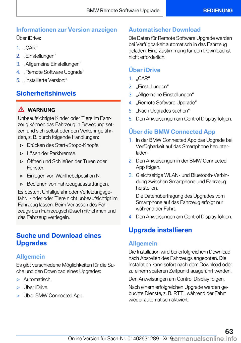 BMW M8 2020  Betriebsanleitungen (in German) �I�n�f�o�r�m�a�t�i�o�n�e�n��z�u�r��V�e�r�s�i�o�n��a�n�z�e�i�g�e�n
�