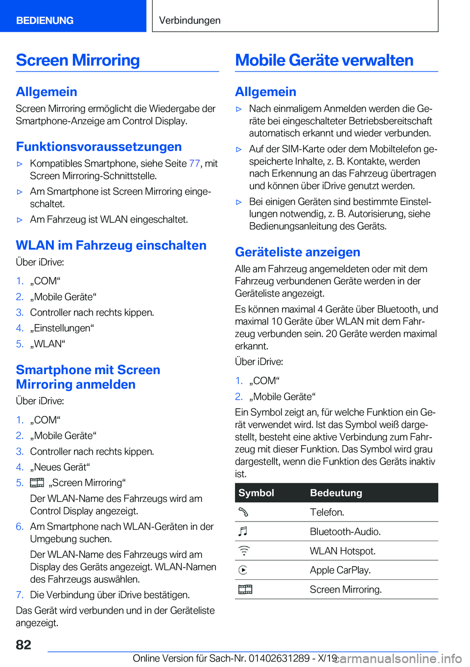 BMW M8 2020  Betriebsanleitungen (in German) �S�c�r�e�e�n��M�i�r�r�o�r�i�n�g
�A�l�l�g�e�m�e�i�n�S�c�r�e�e�n��M�i�r�r�o�r�i�n�g��e�r�m�