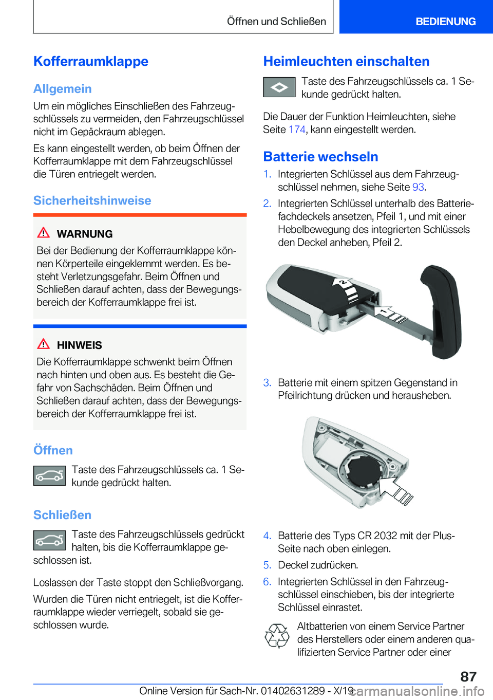 BMW M8 2020  Betriebsanleitungen (in German) �K�o�f�f�e�r�r�a�u�m�k�l�a�p�p�e�A�l�l�g�e�m�e�i�n�U�m��e�i�n��m�