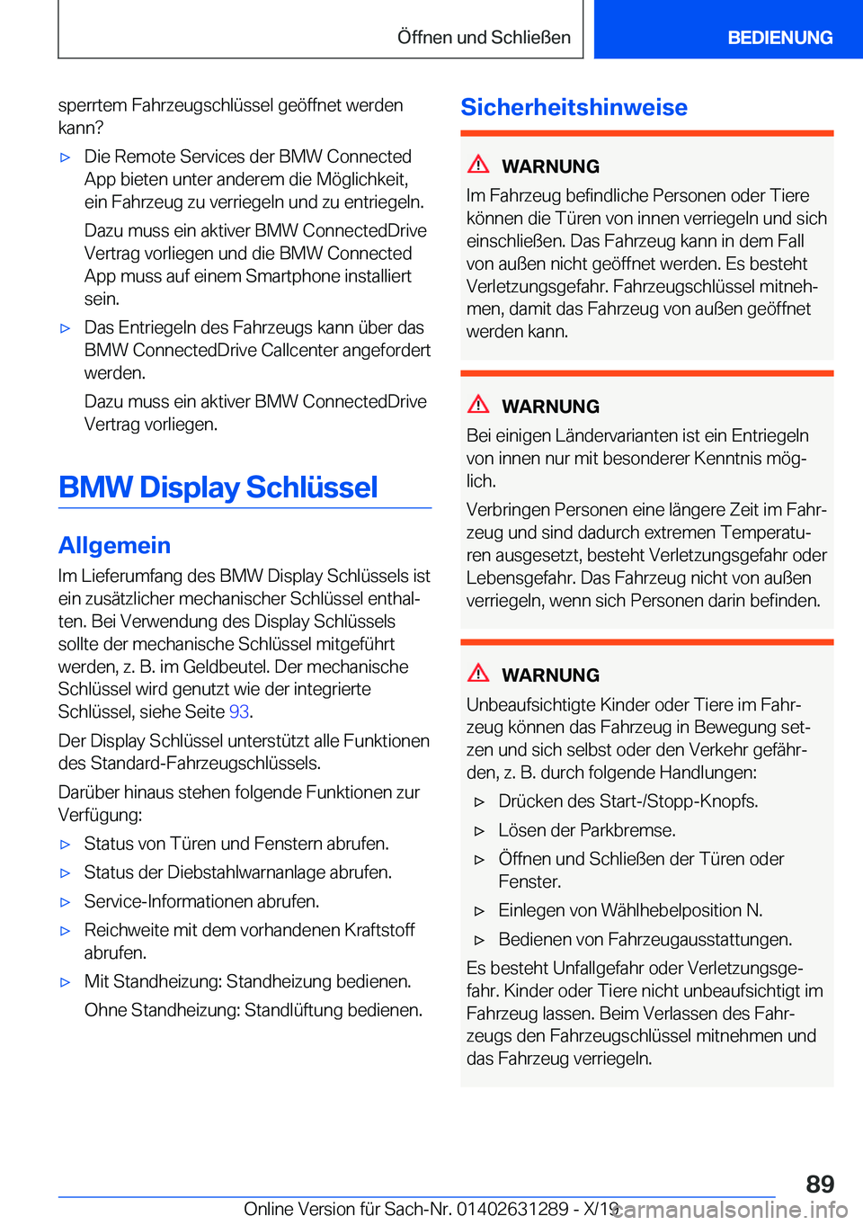 BMW M8 2020  Betriebsanleitungen (in German) �s�p�e�r�r�t�e�m��F�a�h�r�z�e�u�g�s�c�h�l�