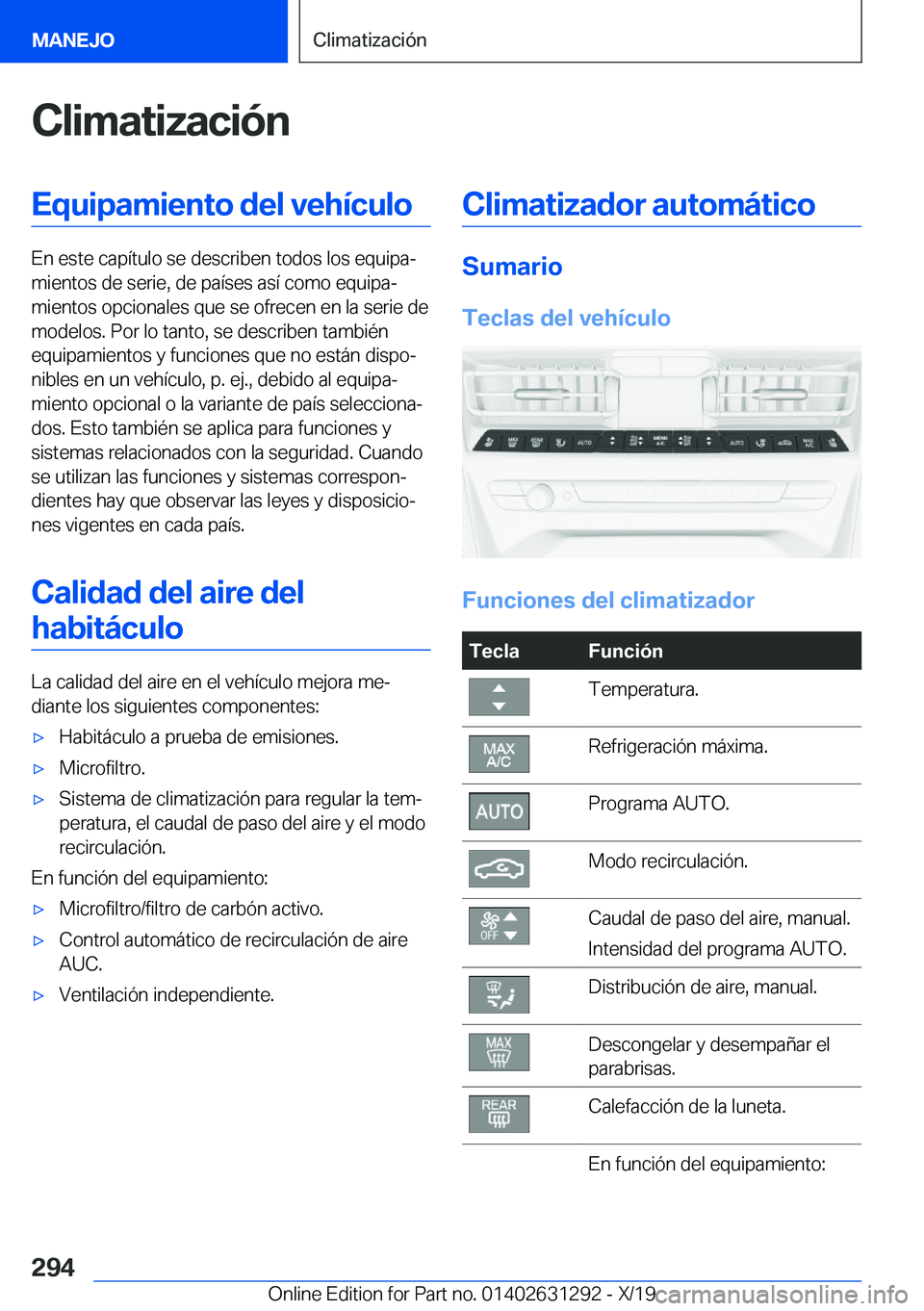 BMW M8 2020  Manuales de Empleo (in Spanish) �C�l�i�m�a�t�i�z�a�c�i�