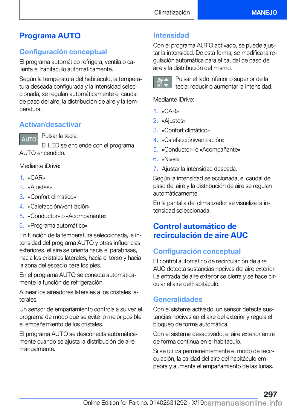 BMW M8 2020  Manuales de Empleo (in Spanish) �P�r�o�g�r�a�m�a��A�U�T�O
�C�o�n�f�i�g�u�r�a�c�i�