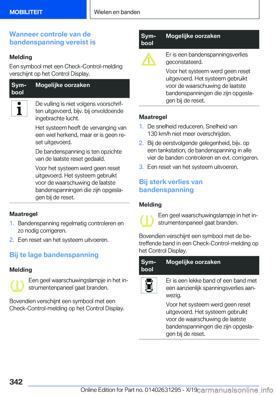 BMW M8 2020  Instructieboekjes (in Dutch) �W�a�n�n�e�e�r��c�o�n�t�r�o�l�e��v�a�n��d�e
�b�a�n�d�e�n�s�p�a�n�n�i�n�g��v�e�r�e�i�s�t��i�s
�M�e�l�d�i�n�g
�E�e�n��s�y�m�b�o�o�l��m�e�t��e�e�n��C�h�e�c�k�-�C�o�n�t�r�o�l�-�m�e�l�d�i�n�g
�v�e
