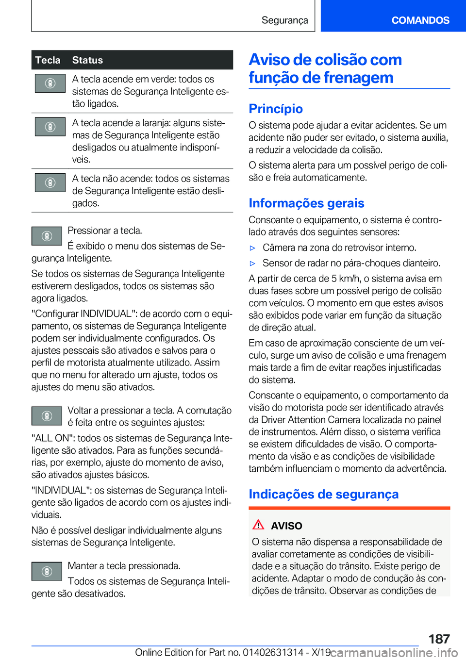 BMW M8 2020  Manual do condutor (in Portuguese) �T�e�c�l�a�S�t�a�t�u�s�A��t�e�c�l�a��a�c�e�n�d�e��e�m��v�e�r�d�e�:��t�o�d�o�s��o�s
�s�i�s�t�e�m�a�s��d�e��S�e�g�u�r�a�n�
