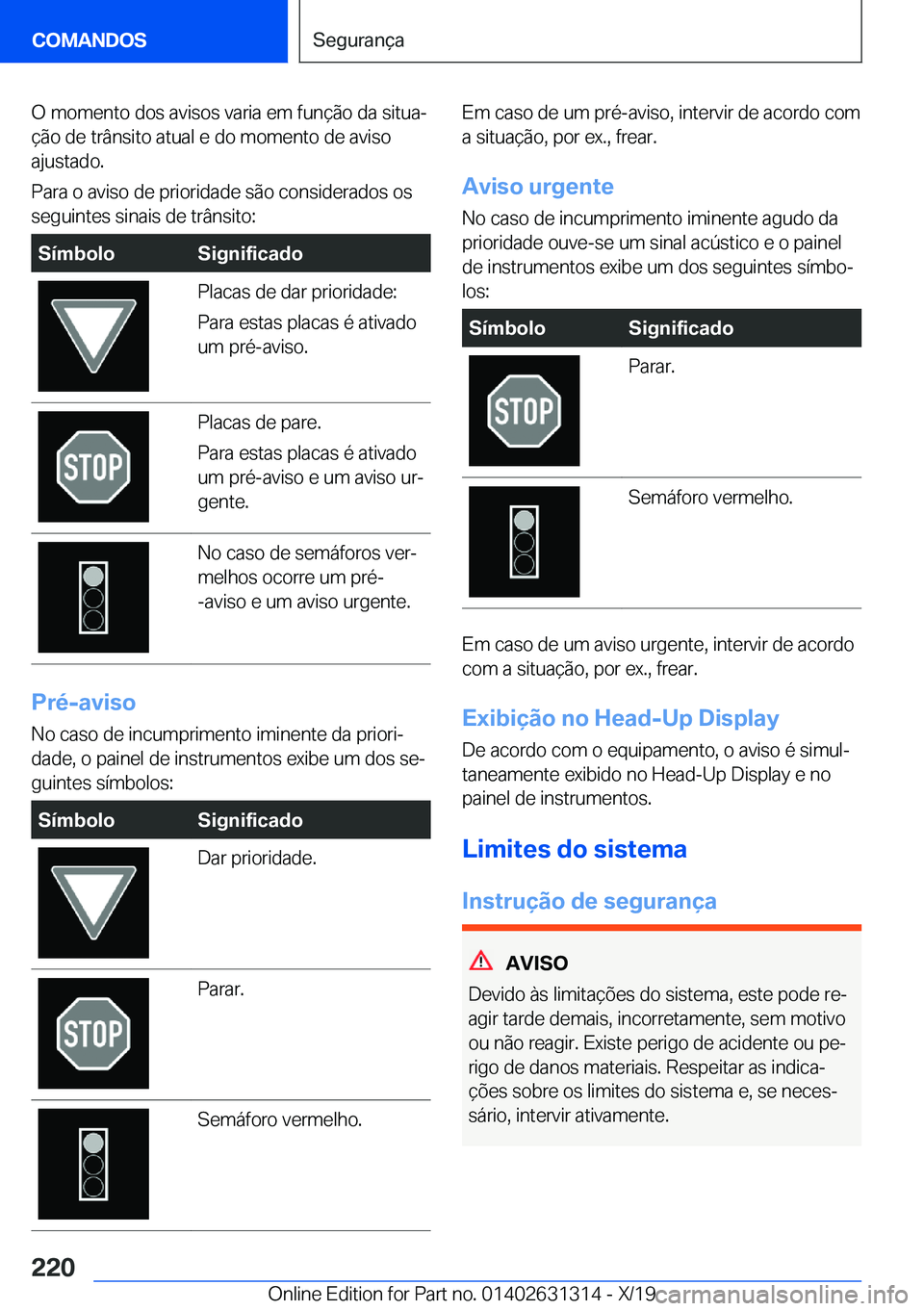 BMW M8 2020  Manual do condutor (in Portuguese) �O��m�o�m�e�n�t�o��d�o�s��a�v�i�s�o�s��v�a�r�i�a��e�m��f�u�n�