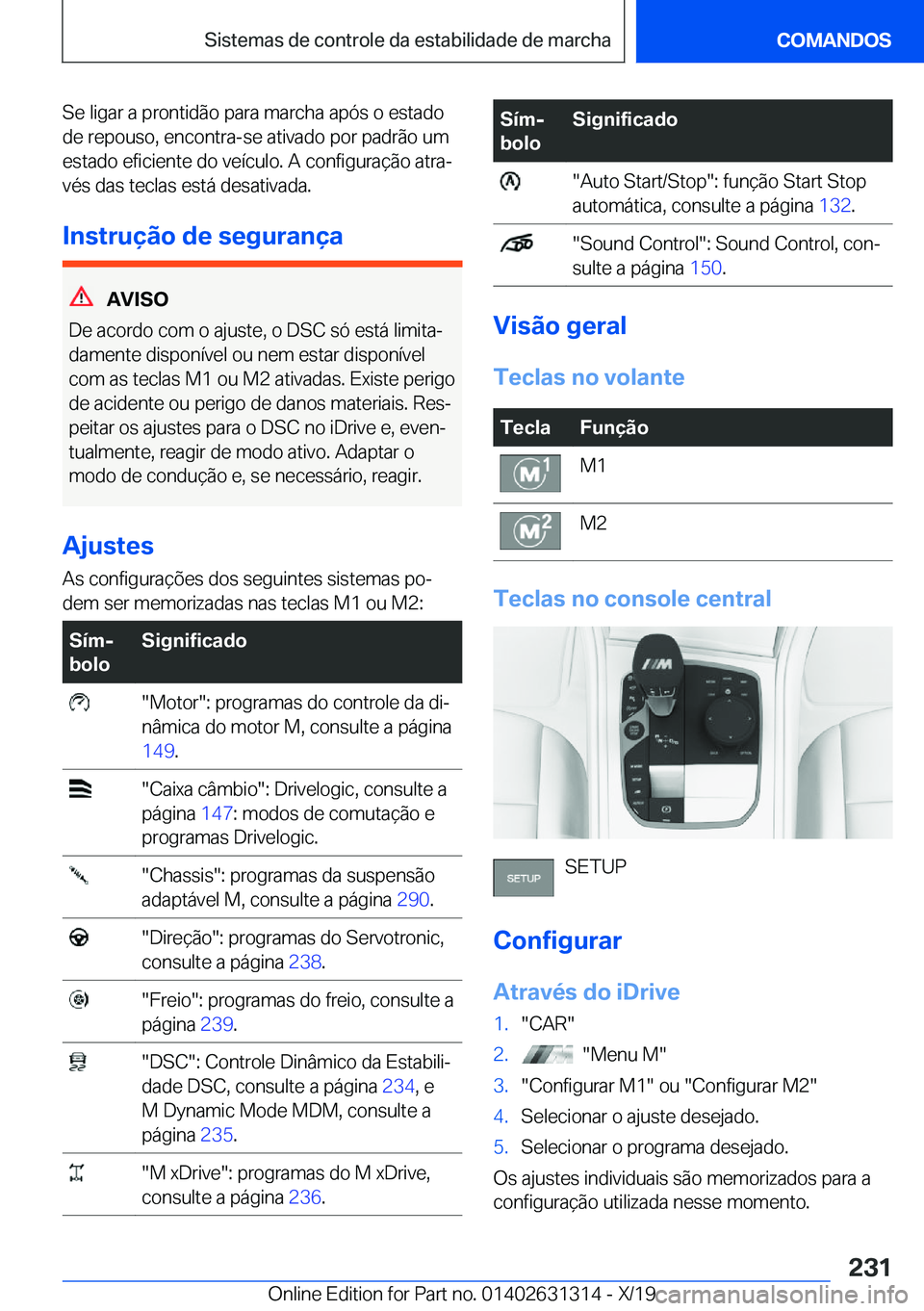 BMW M8 2020  Manual do condutor (in Portuguese) �S�e��l�i�g�a�r��a��p�r�o�n�t�i�d�ã�o��p�a�r�a��m�a�r�c�h�a��a�p�ó�s��o��e�s�t�a�d�o�d�e��r�e�p�o�u�s�o�,��e�n�c�o�n�t�r�a�-�s�e��a�t�i�v�a�d�o��p�o�r��p�a�d�r�ã�o��u�m�e�s�t�a�d�o��