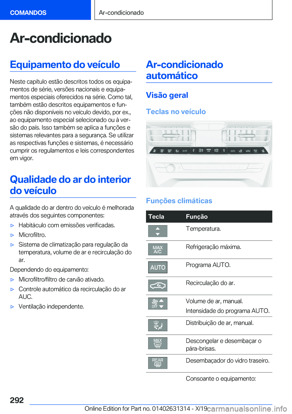 BMW M8 2020  Manual do condutor (in Portuguese) �A�r�-�c�o�n�d�i�c�i�o�n�a�d�o�E�q�u�i�p�a�m�e�n�t�o��d�o��v�e�