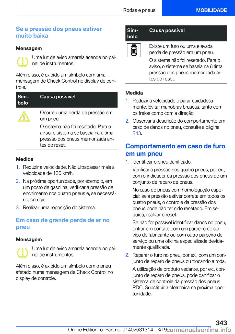 BMW M8 2020  Manual do condutor (in Portuguese) �S�e��a��p�r�e�s�s�ã�o��d�o�s��p�n�e�u�s��e�s�t�i�v�e�r
�m�u�i�t�o��b�a�i�x�a
�M�e�n�s�a�g�e�m �U�m�a��l�u�z��d�e��a�v�i�s�o��a�m�a�r�e�l�a��a�c�e�n�d�e��n�o��p�a�iª
�n�e�l��d�e��i�n