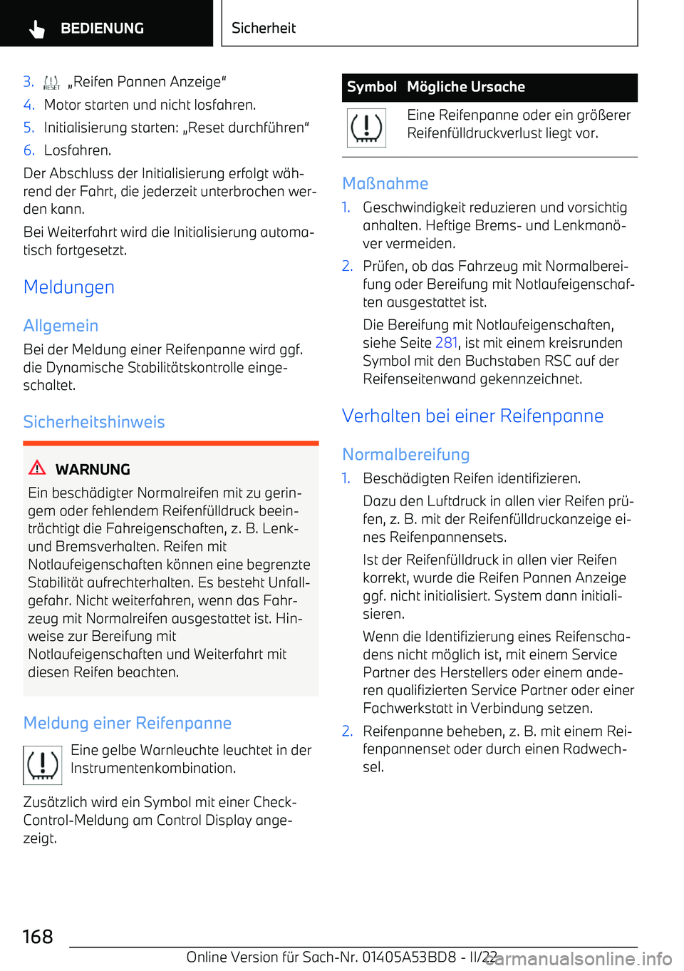 BMW X1 2022  Betriebsanleitungen (in German) 3.  (Reifen Pannen Anzeige 54.Motor starten und nicht losfahren.5.Initialisierung starten: (Reset durchf