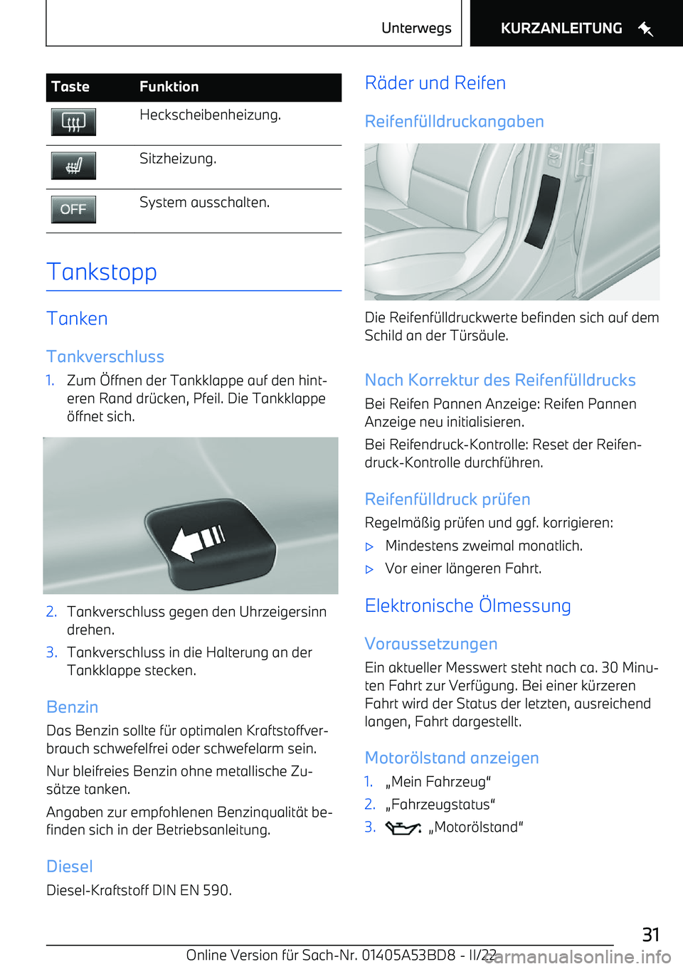 BMW X1 2022  Betriebsanleitungen (in German) TasteFunktionHeckscheibenheizung.Sitzheizung.System ausschalten.
Tankstopp
Tanken
Tankverschluss
1.Zum   ffnen der Tankklappe auf den hint