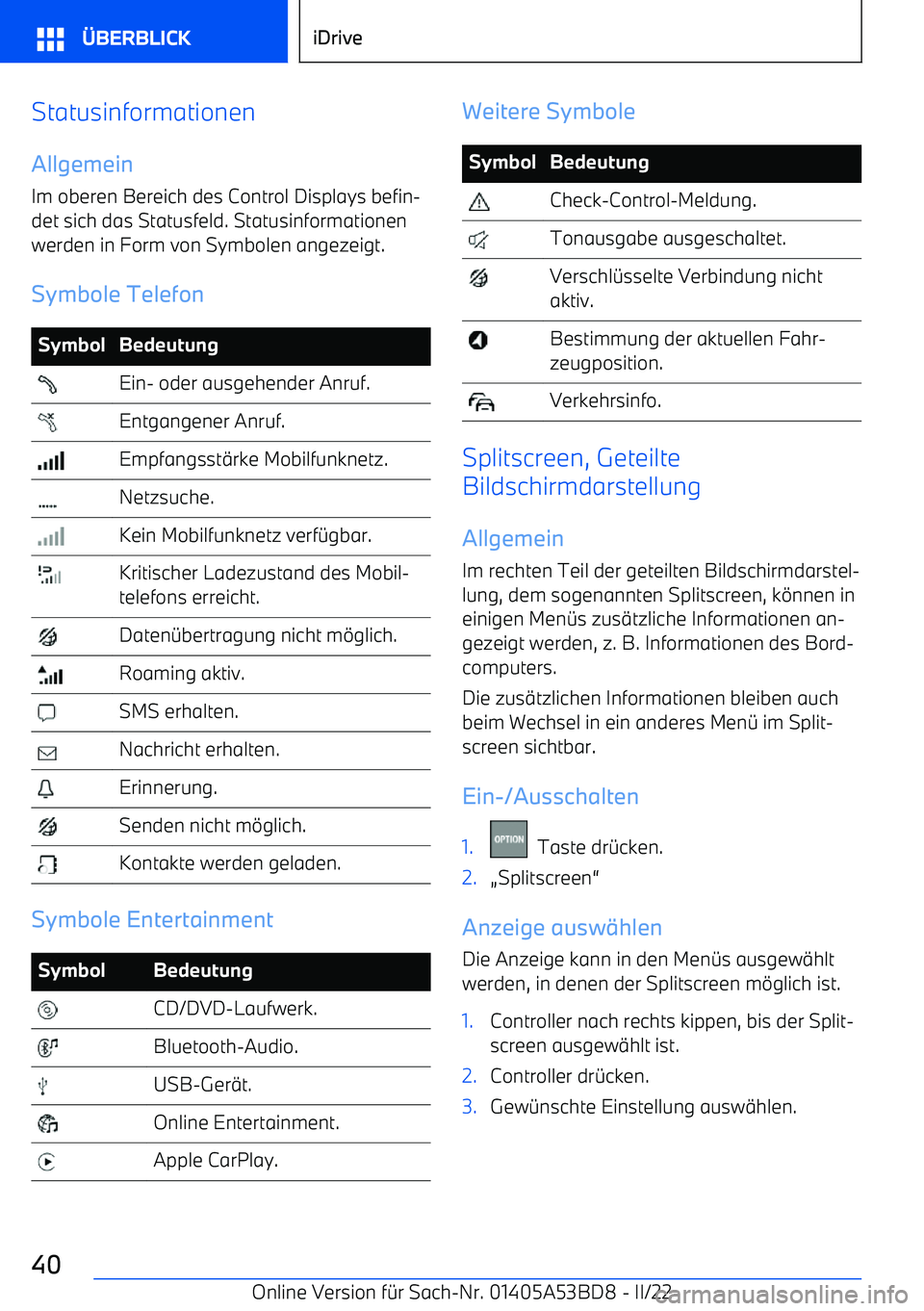 BMW X1 2022  Betriebsanleitungen (in German) Statusinformationen
Allgemein Im oberen Bereich des Control Displays befin
