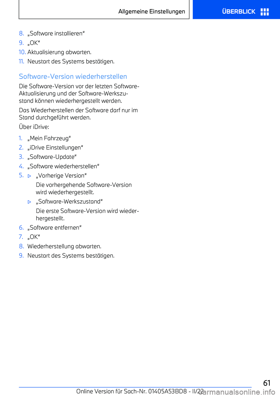 BMW X1 2022  Betriebsanleitungen (in German) 8.(Software installieren 59.(OK 510.Aktualisierung abwarten.11.Neustart des Systems best