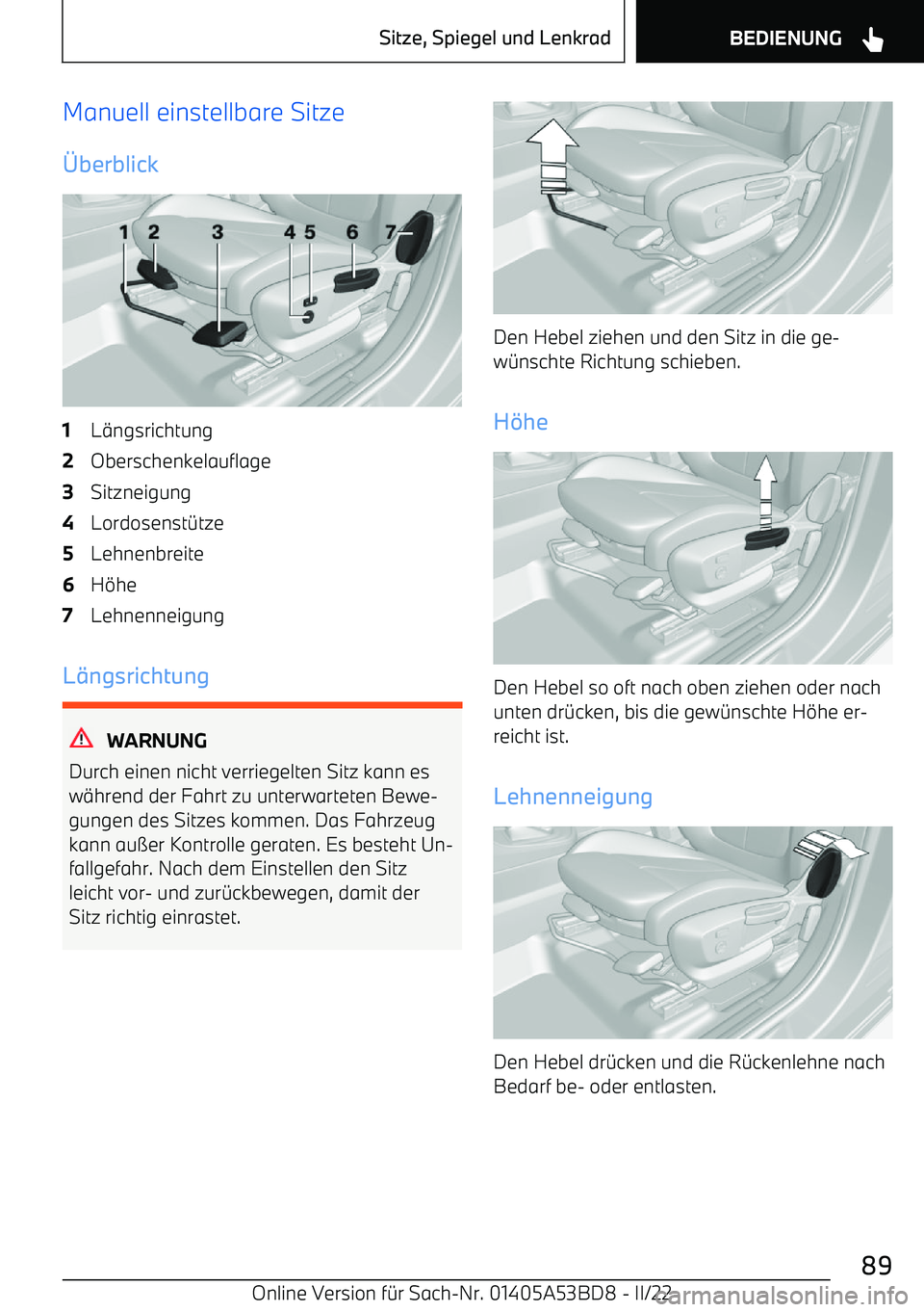 BMW X1 2022  Betriebsanleitungen (in German) Manuell einstellbare Sitze
