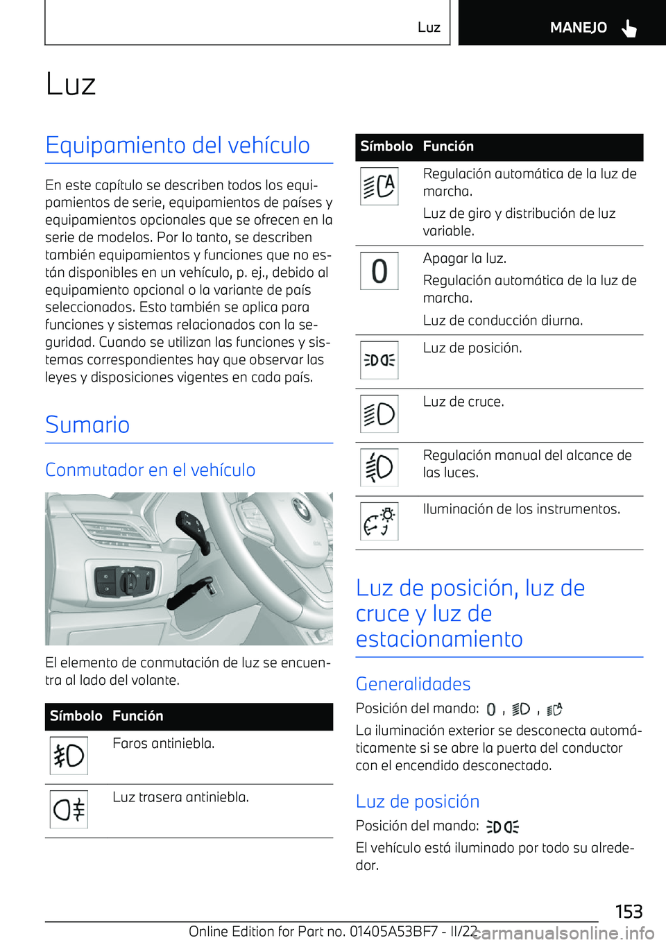 BMW X1 2022  Manuales de Empleo (in Spanish) LuzEquipamiento del veh