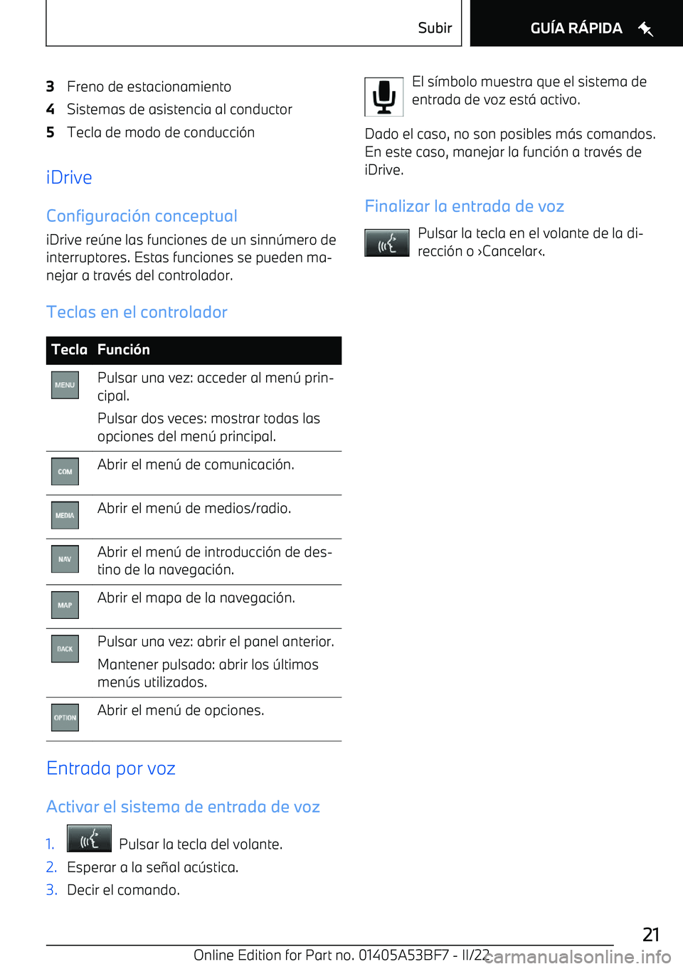 BMW X1 2022  Manuales de Empleo (in Spanish) 3Freno de estacionamiento4Sistemas de asistencia al conductor5Tecla de modo de conducci