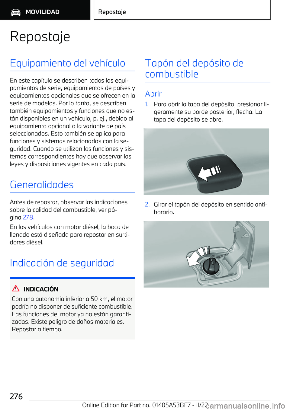 BMW X1 2022  Manuales de Empleo (in Spanish) RepostajeEquipamiento del veh