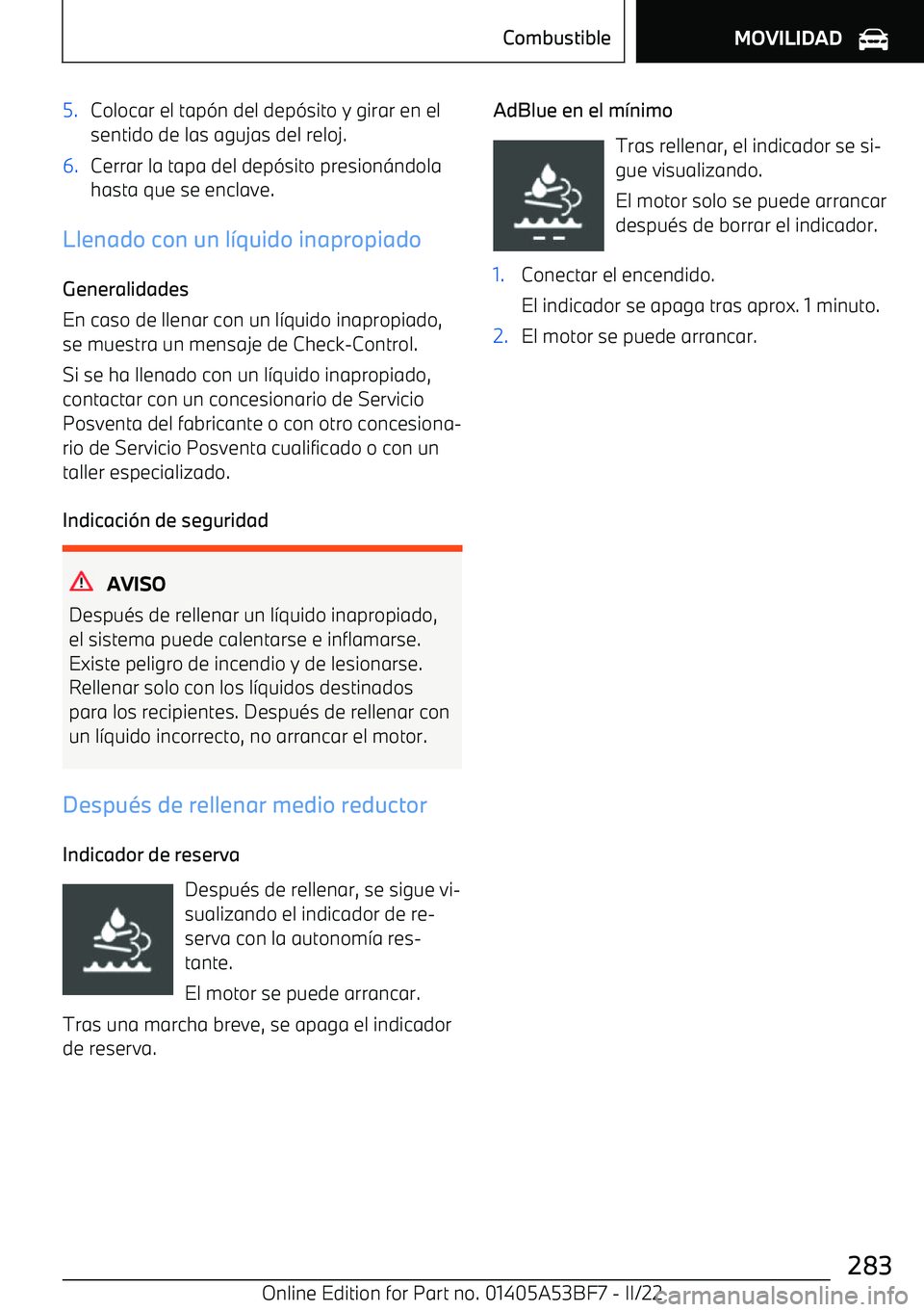 BMW X1 2022  Manuales de Empleo (in Spanish) 5.Colocar el tap