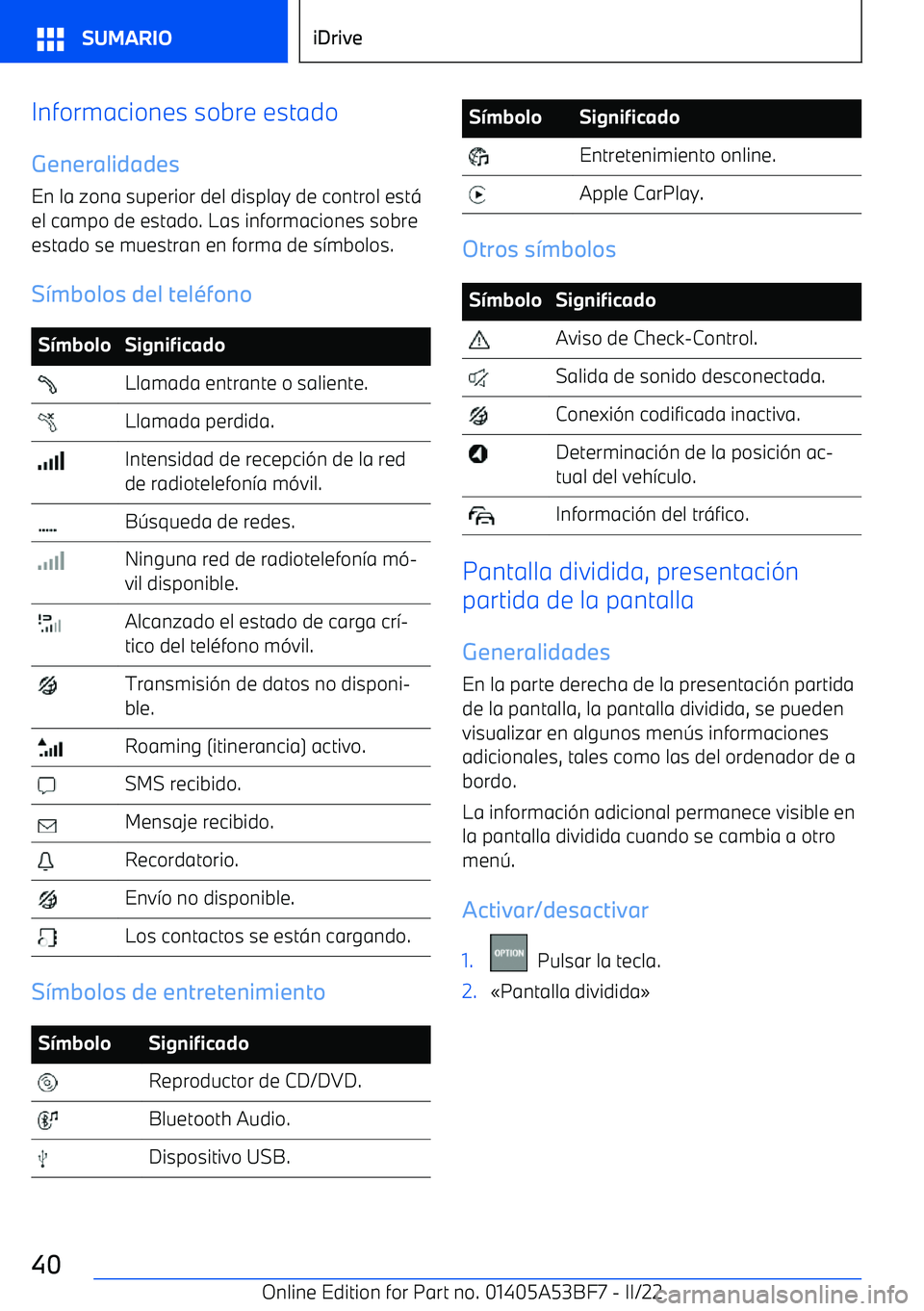 BMW X1 2022  Manuales de Empleo (in Spanish) Informaciones sobre estado
Generalidades
En la zona superior del display de control est