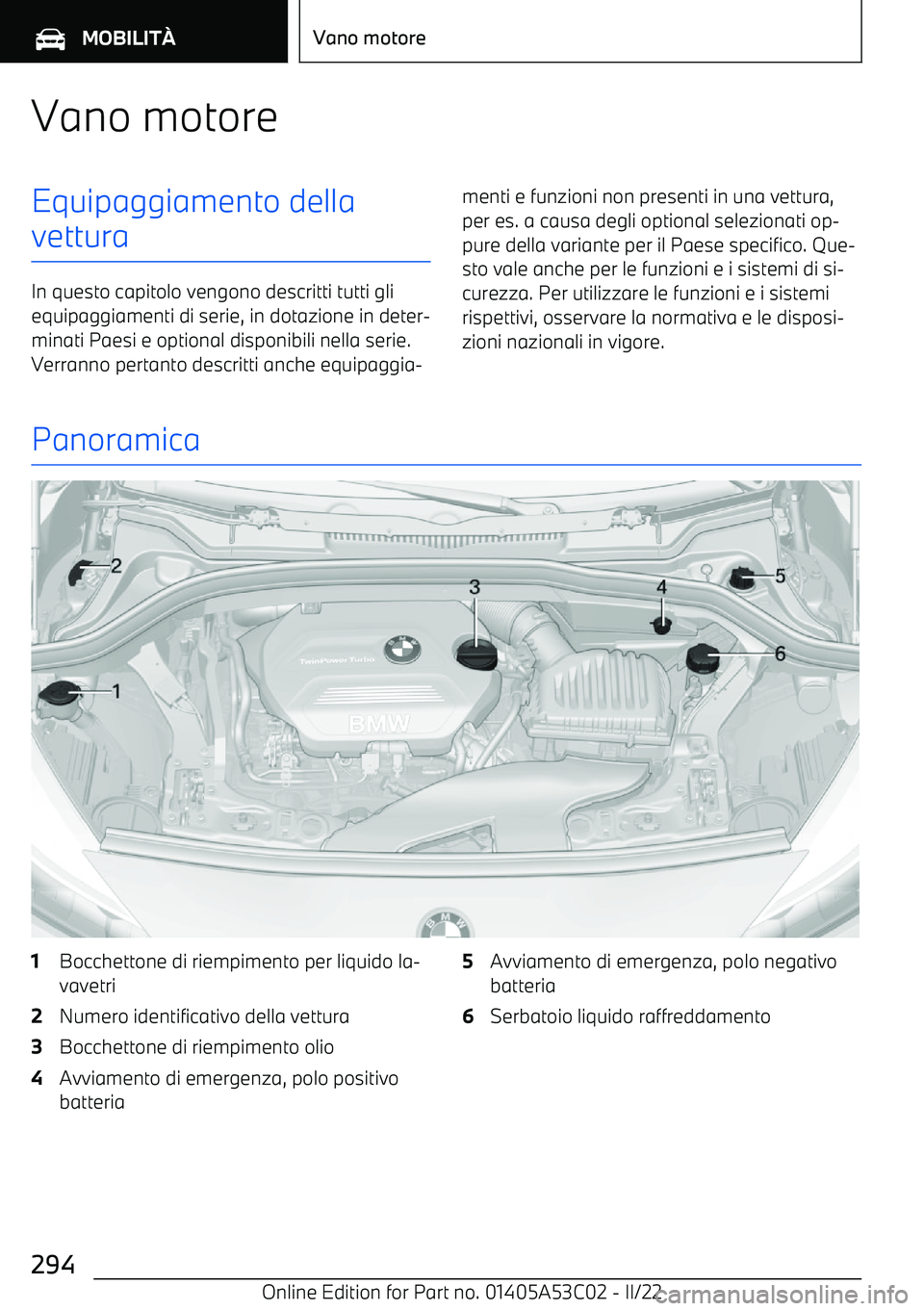 BMW X1 2022  Libretti Di Uso E manutenzione (in Italian) Vano motoreEquipaggiamento della
vettura
In questo capitolo vengono descritti tutti gli equipaggiamenti di serie, in dotazione in deter
