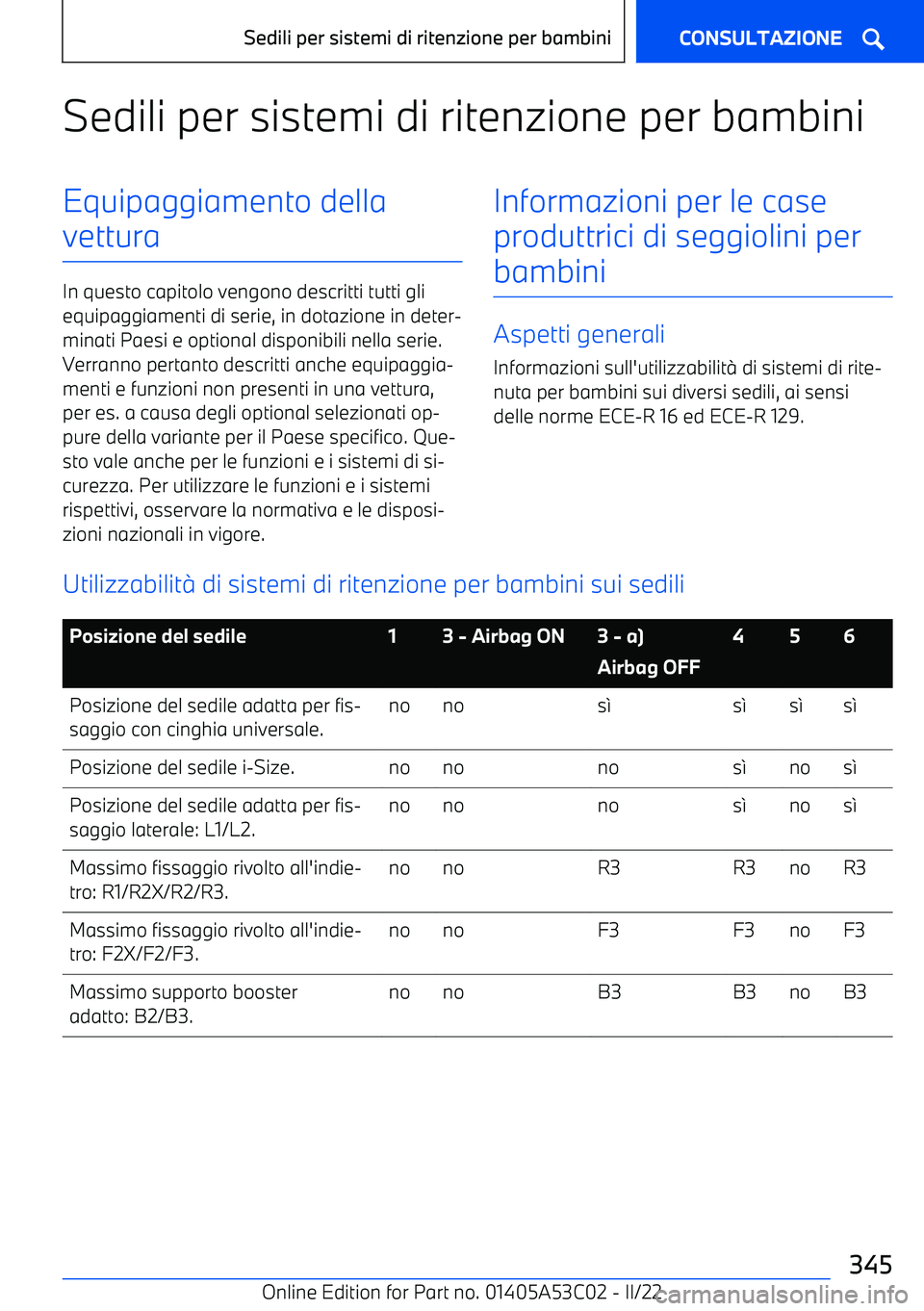 BMW X1 2022  Libretti Di Uso E manutenzione (in Italian) Sedili per sistemi di ritenzione per bambiniEquipaggiamento della
vettura
In questo capitolo vengono descritti tutti gli equipaggiamenti di serie, in dotazione in deter