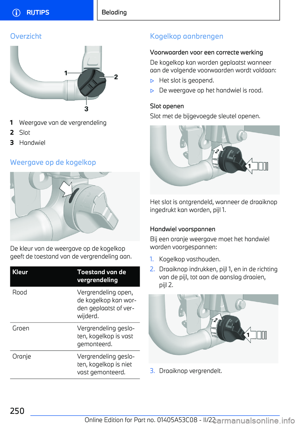 BMW X1 2022  Instructieboekjes (in Dutch) Overzicht1Weergave van de vergrendeling2Slot3Handwiel
Weergave op de kogelkop
De kleur van de weergave op de kogelkop
geeft de toestand van de vergrendeling aan.
KleurToestand van de
vergrendelingRood