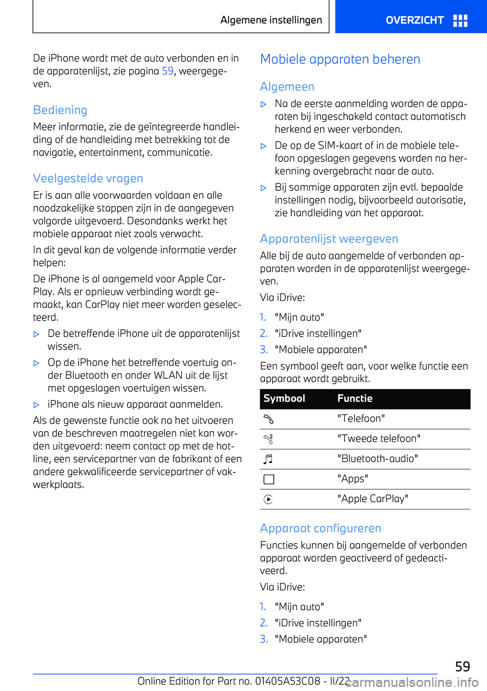 BMW X1 2022  Instructieboekjes (in Dutch) De iPhone wordt met de auto verbonden en inde apparatenlijst, zie pagina  59, weergege