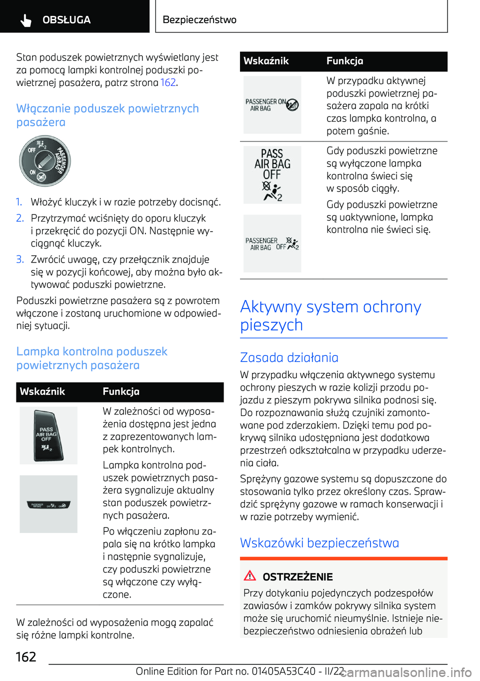 BMW X1 2022  Instrukcja obsługi (in Polish) Stan poduszek powietrznych wy