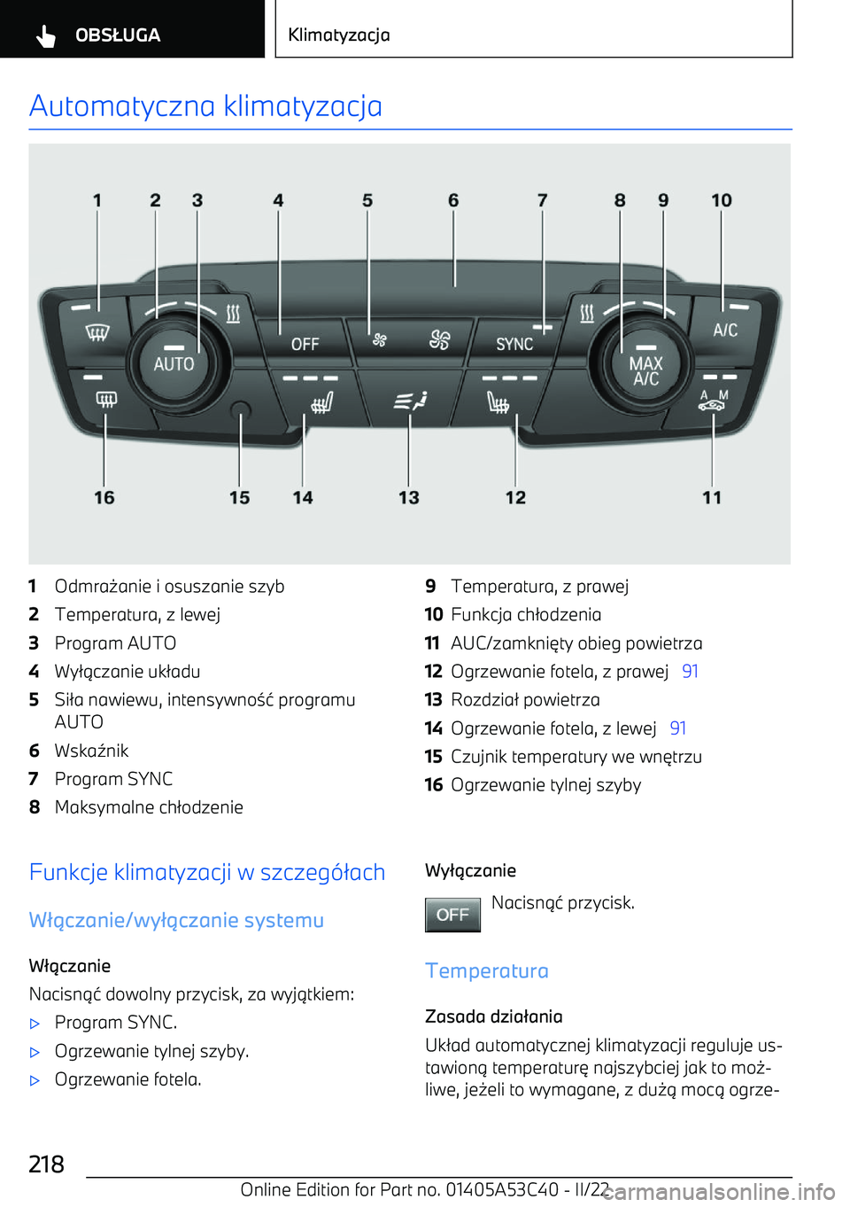 BMW X1 2022  Instrukcja obsługi (in Polish) Automatyczna klimatyzacja1Odmra