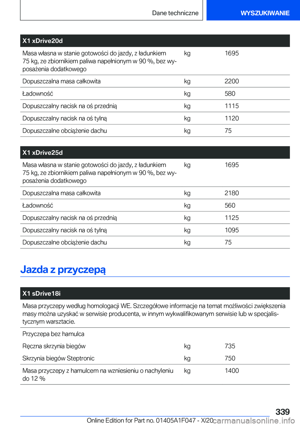 BMW X1 2021  Instrukcja obsługi (in Polish) �X�1��x�D�r�i�v�e�2�0�d�M�a�s�a��w�ł�a�s�n�a��w��s�t�a�n�i�e��g�o�t�o�w�o�c�i��d�o��j�a�z�d�y�,��z��ł�a�d�u�n�k�i�e�m
�7�5��k�g�,��z�e��z�b�i�o�r�n�i�k�i�e�m��p�a�l�i�w�a��n�a�p�e�ł