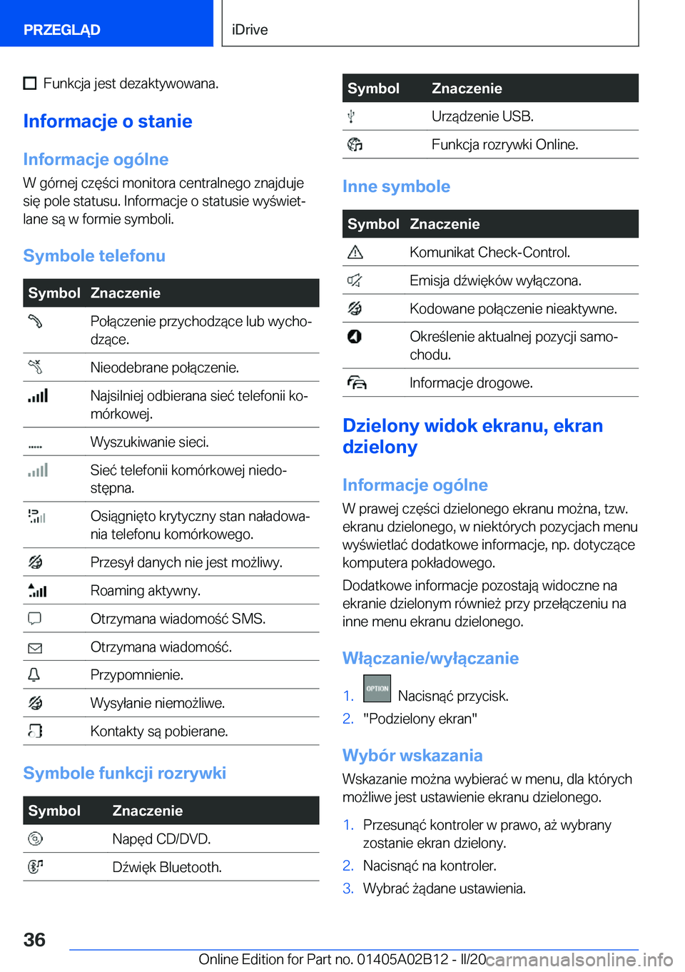 BMW X1 2020  Instrukcja obsługi (in Polish) ���F�u�n�k�c�j�a��j�e�s�t��d�e�z�a�k�t�y�w�o�w�a�n�a�.
�I�n�f�o�r�m�a�c�j�e��o��s�t�a�n�i�e
�I�n�f�o�r�m�a�c�j�e��o�g�