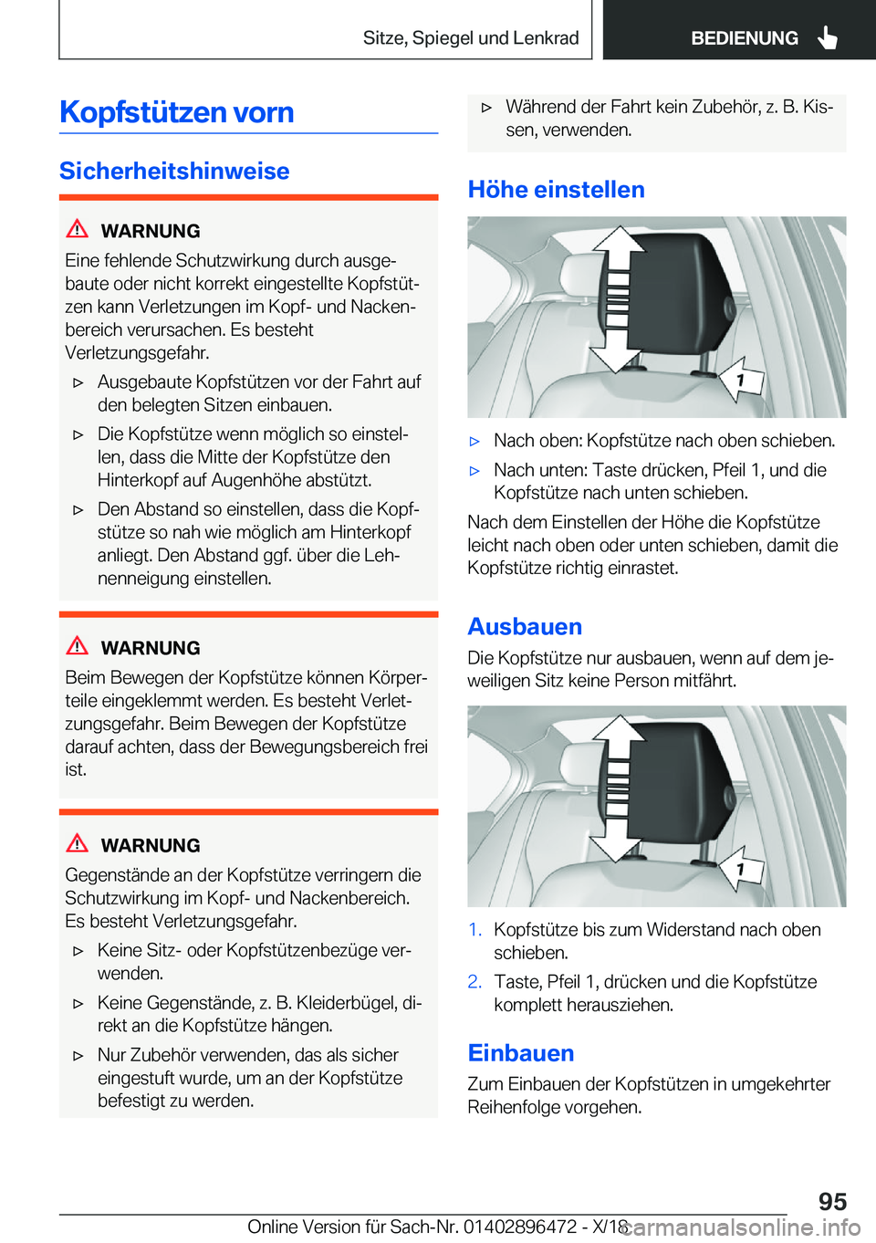BMW X1 2019  Betriebsanleitungen (in German) �K�o�p�f�s�t�