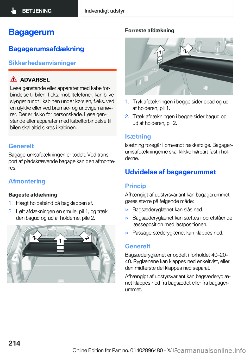 BMW X1 2019  InstruktionsbØger (in Danish) �B�a�g�a�g�e�r�u�m
�B�a�g�a�g�e�r�u�m�s�a�f�d�æ�k�n�i�n�g�S�i�k�k�e�r�h�e�d�s�a�n�v�i�s�n�i�n�g�e�r
�A�D�V�A�R�S�E�L
�L�