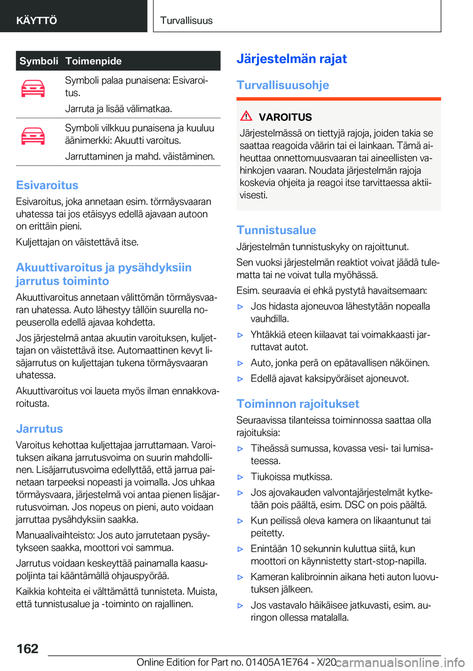 BMW X2 2021  Omistajan Käsikirja (in Finnish) �S�y�m�b�o�l�i�T�o�i�m�e�n�p�i�d�e�S�y�m�b�o�l�i��p�a�l�a�a��p�u�n�a�i�s�e�n�a�:��E�s�i�v�a�r�o�ij
�t�u�s�.
�J�a�r�r�u�t�a��j�a��l�i�s�