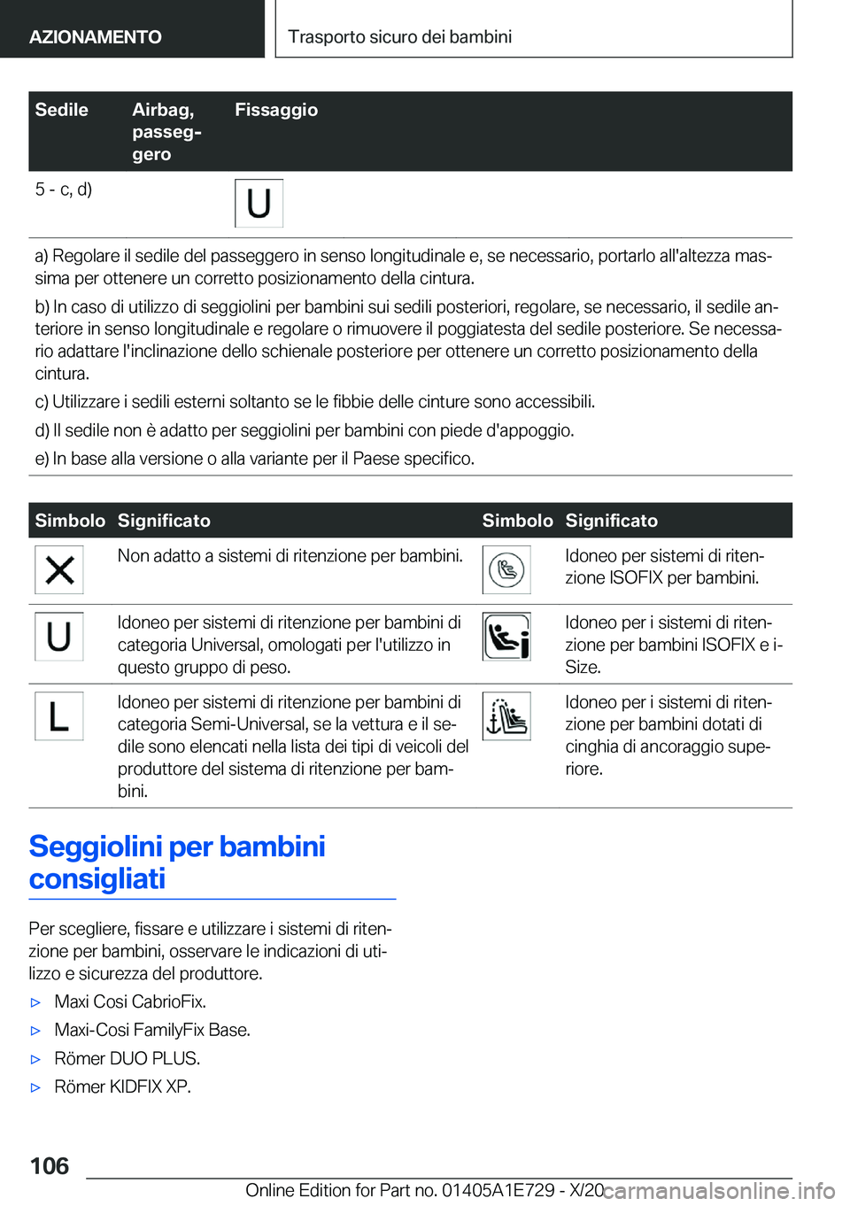 BMW X2 2021  Libretti Di Uso E manutenzione (in Italian) �S�e�d�i�l�e�A�i�r�b�a�g�,
�p�a�s�s�e�gj
�g�e�r�o�F�i�s�s�a�g�g�i�o�5��-��c�,��d�)�a�)��R�e�g�o�l�a�r�e��i�l��s�e�d�i�l�e��d�e�l��p�a�s�s�e�g�g�e�r�o��i�n��s�e�n�s�o��l�o�n�g�i�t�u�d�i�n�a