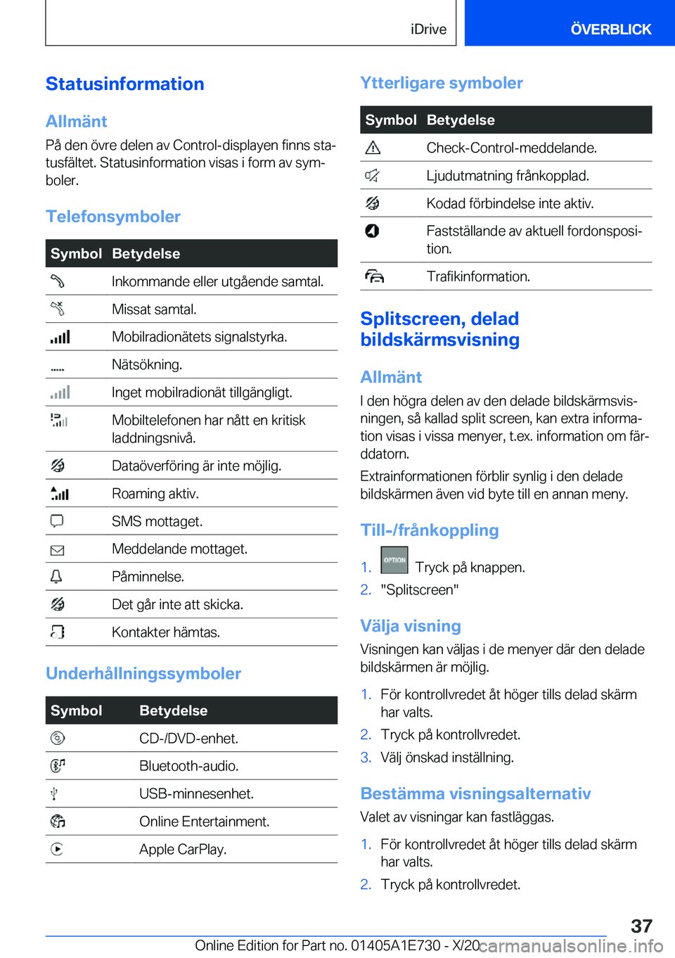 BMW X2 2021  InstruktionsbÖcker (in Swedish)  S t a t u s i n f o r m a t i o n A l l m ä n t
 P å  d e n  