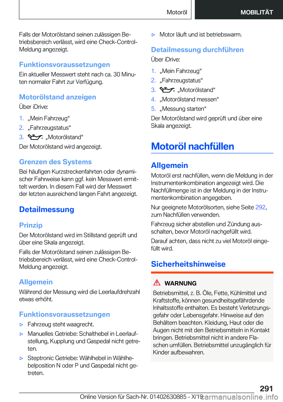 BMW X2 2020  Betriebsanleitungen (in German) �F�a�l�l�s��d�e�r��M�o�t�o�r�