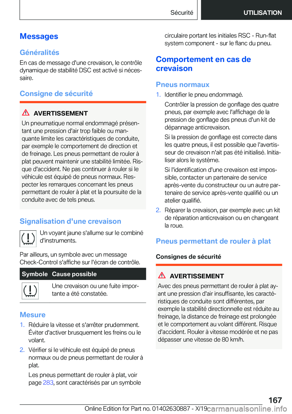 BMW X2 2020  Notices Demploi (in French) �M�e�s�s�a�g�e�s�G�é�n�é�r�a�l�i�t�é�s
�E�n��c�a�s��d�e��m�e�s�s�a�g�e��d�'�u�n�e��c�r�e�v�a�i�s�o�n�,��l�e��c�o�n�t�r�