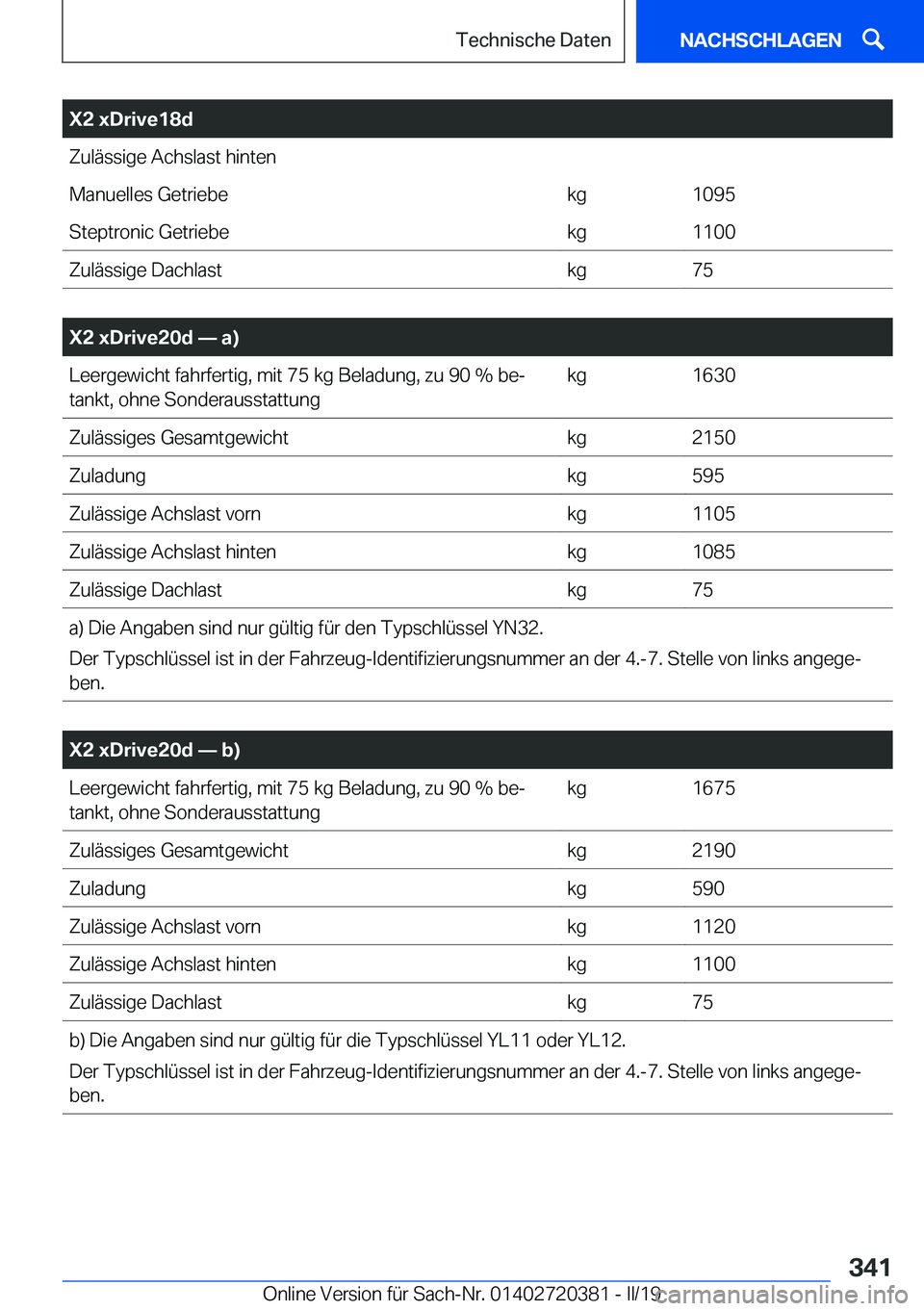 BMW X2 2019  Betriebsanleitungen (in German) �X�2��x�D�r�i�v�e�1�8�d�Z�u�l�