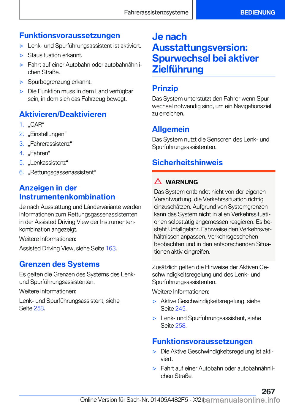 BMW X3 2022  Betriebsanleitungen (in German) �F�u�n�k�t�i�o�n�s�v�o�r�a�u�s�s�e�t�z�u�n�g�e�nx�L�e�n�k�-��u�n�d��S�p�u�r�f�